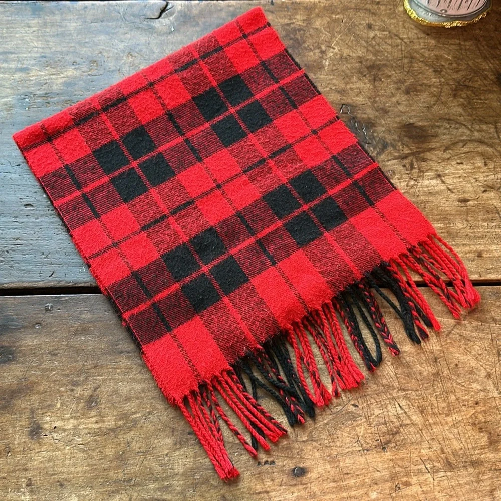 DIOR Vintage Plaid Tasseled Soft Scarf, Unisex, Red & Black